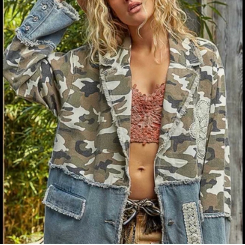 POL Camo & Denim Patchwork Jacket - Olive, Tan, Blue